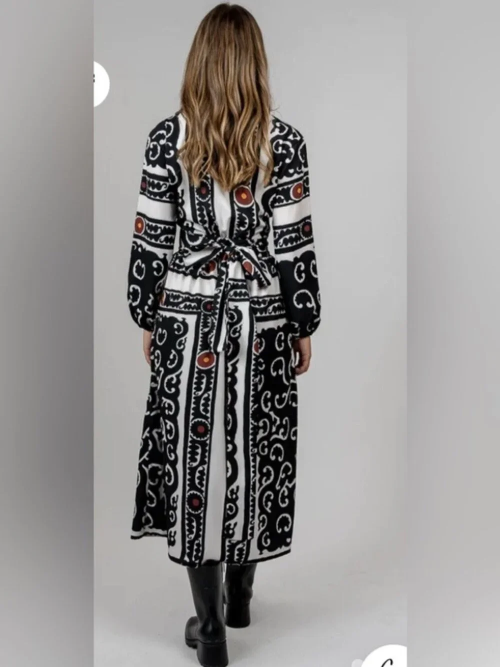 Black & White Printed Long Sleeve Maxi Dress with Belt - Picture 2 of 14